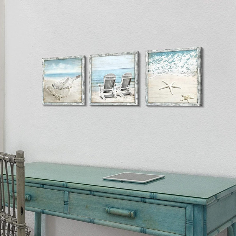 Ensemble de 3 pièces d'art mural marin - bleu côtier et bois naturel océan
