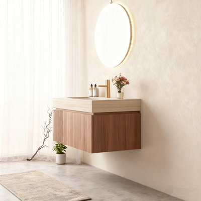 Ensemble de meuble-lavabo à assemblage complet 30 po MURI, avec comptoir en pierre frittée et lavabo en céramique, armoire de rangement flottante simple avec tiroir et porte