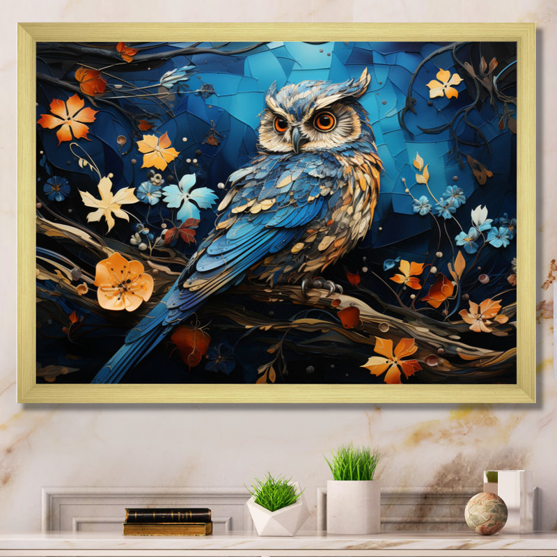 «Blue Owl Nights Watch Collage II», reproduction sur toile, H 24 po x l 32 po x P 1 po, Encadrement doré
