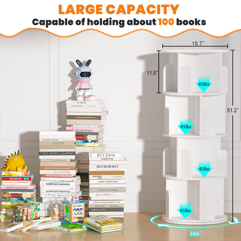 Hildelind 51.2-63.6"H 360° Rotating Bookcase, Storage and Display Bookshelf for Home Office and Living Room, White