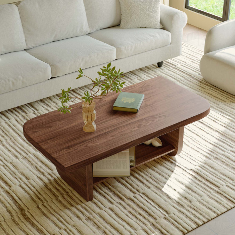 Table basse en forme d'éventail avec tablette de rangement inférieure, fini grain de bois, table de salon moderne du milieu du siècle, meuble d'appoint de style champêtre pour grands espaces, montage facile