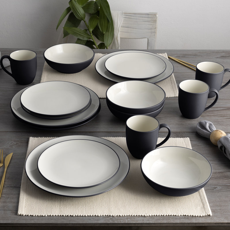 Matte Black and White Ceramic 4-Piece Dinnerware Set