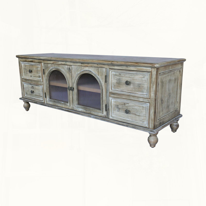Meuble télé Farmhouse avec 4 tiroirs et portes en verre, Antique Natural