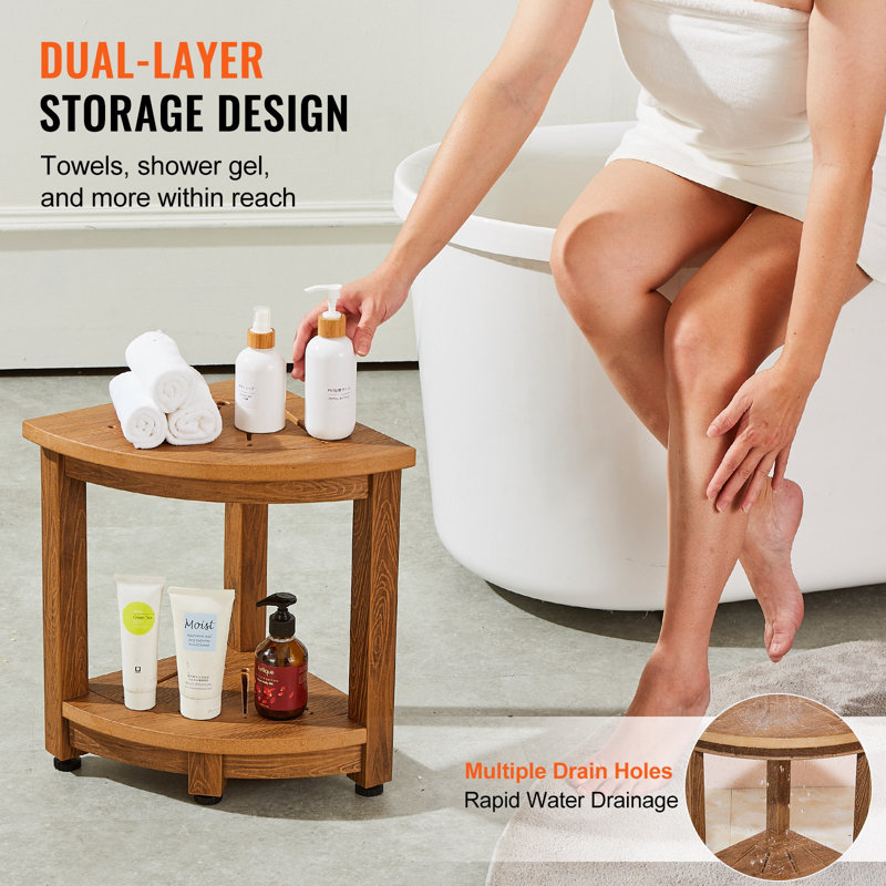 Banc de douche d'angle, hauteur 16,5 po, rayon 12,8 po, faux grain de bois en polystyrène, 350 lb avec tablette de rangement, résistant à l'eau, tabouret de douche pour la douche intérieure et extérieure, pour salle de bain, salon