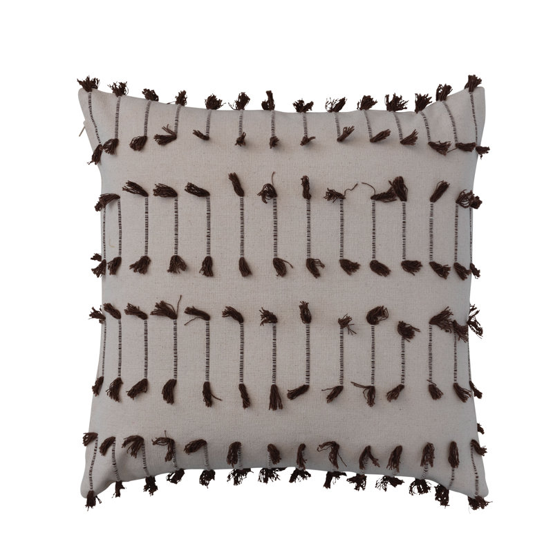 Natural and Brown Cotton Embroidered Square Throw Pillow