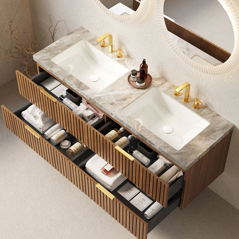 Meuble-lavabo de 60 po avec lavabo, armoire de rangement murale avec tiroirs, comptoir en pierre frittée et 2 lavabos avec 3 trous de robinet pré-percés, pré-assemblé