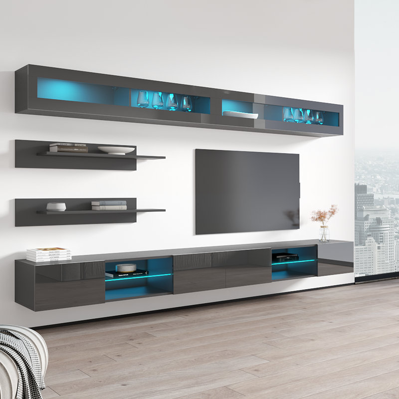 Leveille 126" Modern Floating Wall Mounted Entertainment Center with 16-Color LED Lighting, High Gloss Finish, Gray