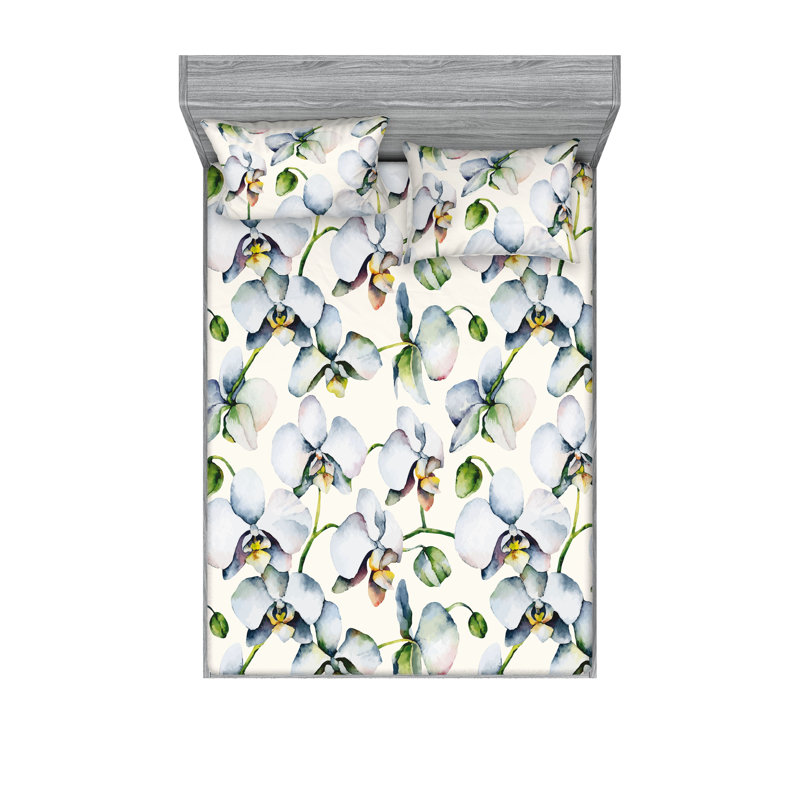 Drap-housse et taie décorative Ambesonne motif orchidée boho vert réséda bleu tendre