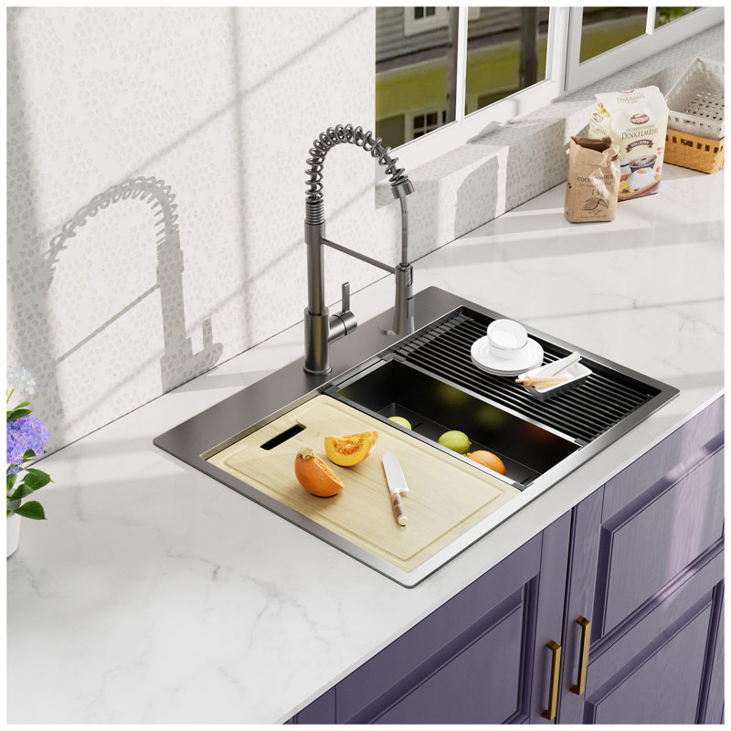32x22 Inch Gunmetal Black Stainless Steel Single Bowl Workstation Sink