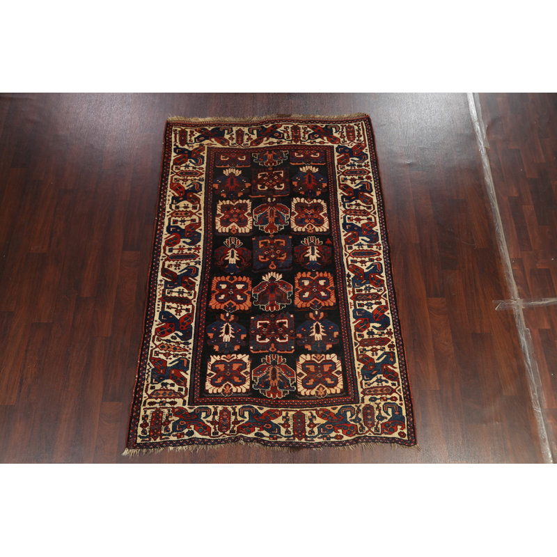Tapis bleu marine en laine noué à la main de conception unique 5 pi 3 po x 7 pi 11 po Nealla