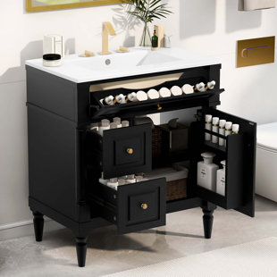 30" Bathroom Vanity with Sink Freestanding Bathroom Cabinet with Flip Drawer & Adjustable Shelf, Metal Handles