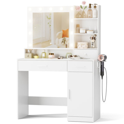 Lumina Makeup Vanity with LED Lighted Mirror & Power Outlet,Makeup Desk with 3 Drawers,1 Cabinet