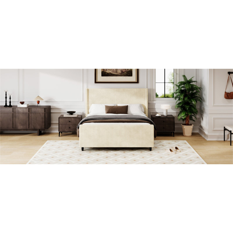 Headboard Corduroy Upholstered Bed Frame with Vertical Stripe Wingback and High Footboard No Box Spring Needed, Cream, Queen