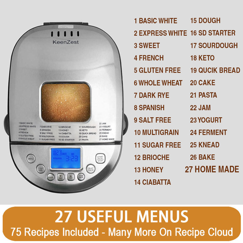 KEENZEST 27-in-1 Smart Bread Machine with Programmable Homemade Cycle & Gluten Free Setting, 2LB 1.5LB 1LB Dough Bread Maker with Delay Timer, Whole Wheat Bread Making Machine with Recipes, Stainless Steel Body 