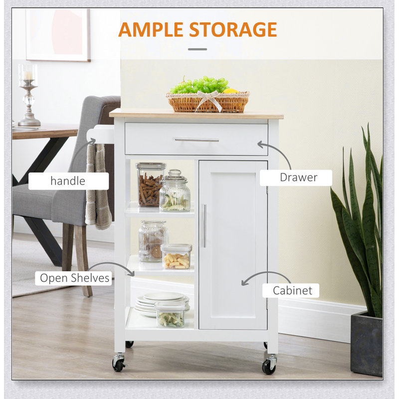 Chariot pour îlot de cuisine polyvalent avec rangement, plateau en bois massif et tablettes réglables pour les cuisines modernes