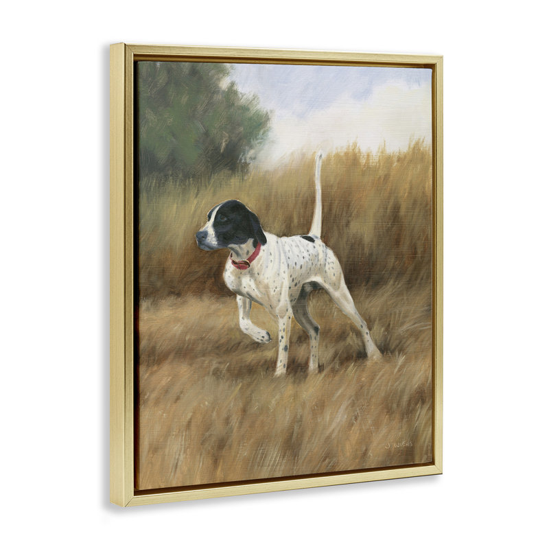 Pointer Dog in Field, 17" H x 21" W, Metallic Gold Floater Frame