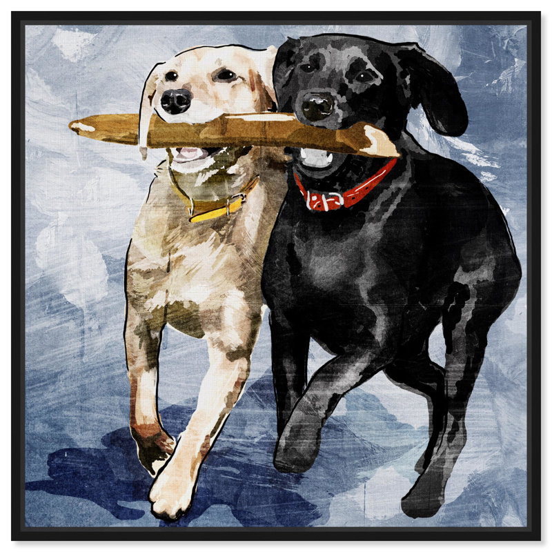 Chiens et chiots «Playtime Blue», reproduction d'art sur toile, H 24 po x l 24 po, Impression encadrée, Noir