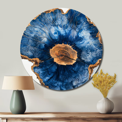 «Blue Wildflowers Leaves Wood Slide II» - art mural rond en métal Wildflowers