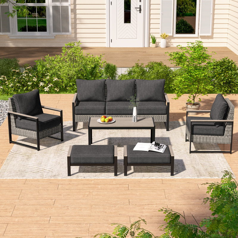Ensemble de canapé en osier avec table basse 6 pièces Guarracino, Noir gris