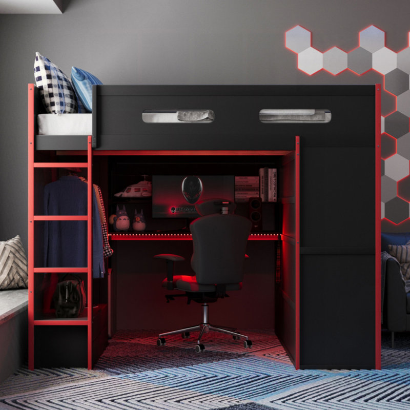 Lit mezzanine en bois avec bureau, garde-robe, grand espace de rangement et lumière RVB, Rouge