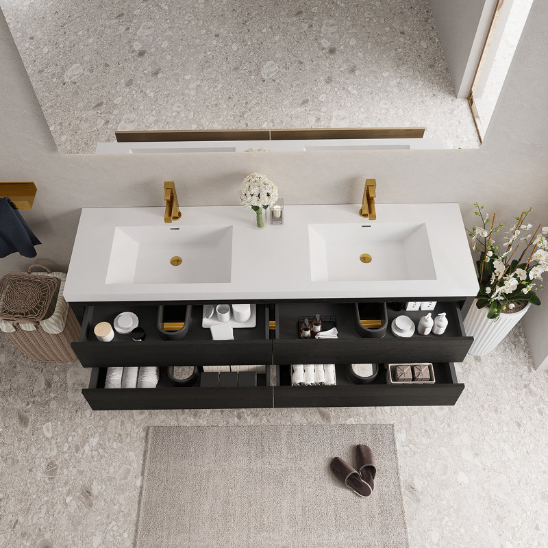 Meuble-lavabo mural avec lavabo, armoire de rangement flottante avec comptoir et tiroirs à fermeture douce, idéal pour l'organisation de la salle de bain