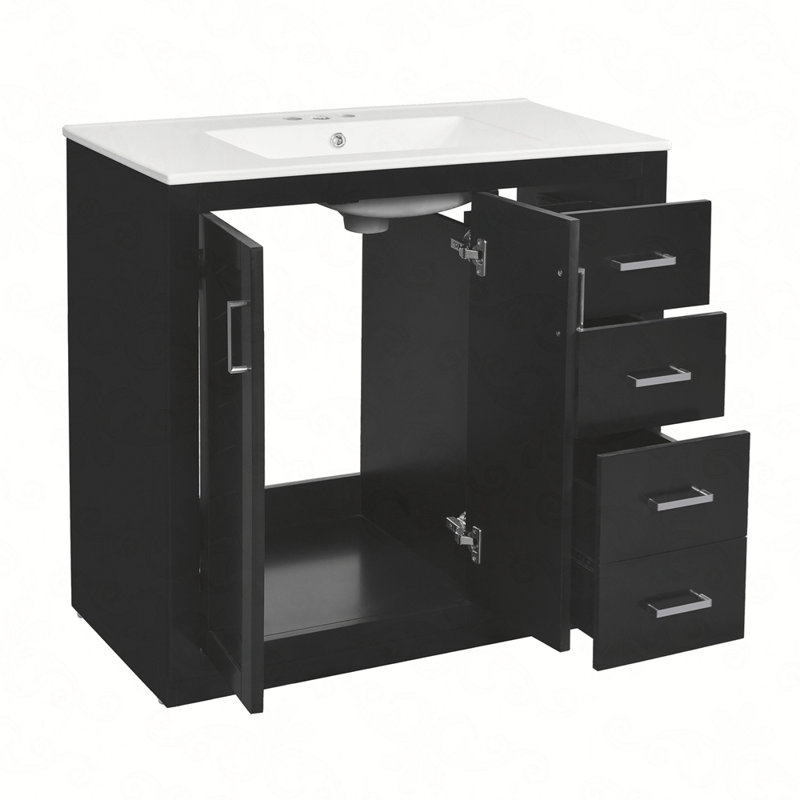 Ensemble de meuble-lavabo 36 po avec lavabo en céramique, armoire de rangement en bois massif, ensemble de meuble-lavabo autoportant avec 3 tiroirs et portes à fermeture douce
