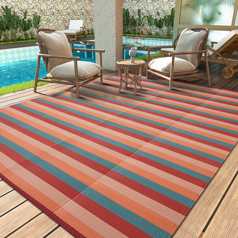 Tapis d'extérieur rayé orange / rouge, Rectangle 6 pi x 9 pi, Orange / Rouge