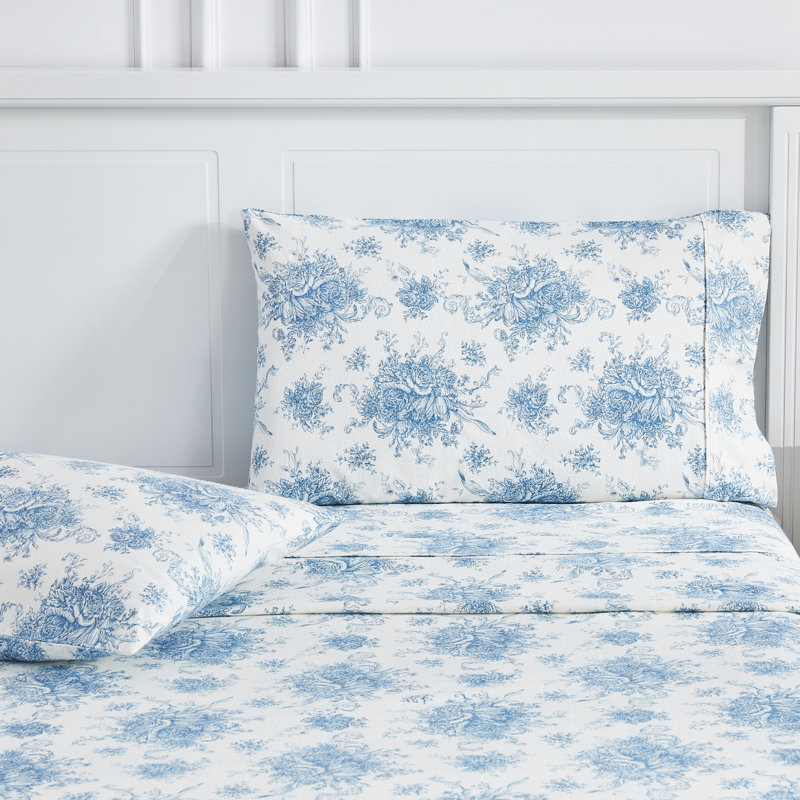 Toile Flannel Sheet Set, Blue, Queen Sheet Set with 2 Pillowcases