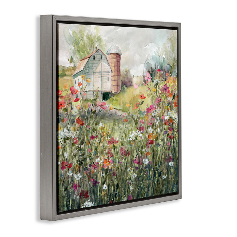 «Vibrant Meadow & Barn», art mural encadré flottant gris par Carol Robinson, Cadre flottant gris lustré, H 18 po x l 18 po