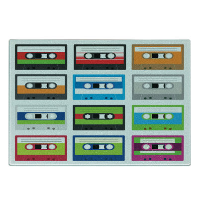Ambesonne Vintage Tempered Glass Cutting Board Retro Cassette Collage Green Blue
