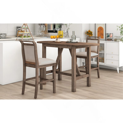 3-Piece Wood Counter Height Drop Leaf  Dining Table Set With 2 Upholstered Dining Chairs For Small Place, Brown