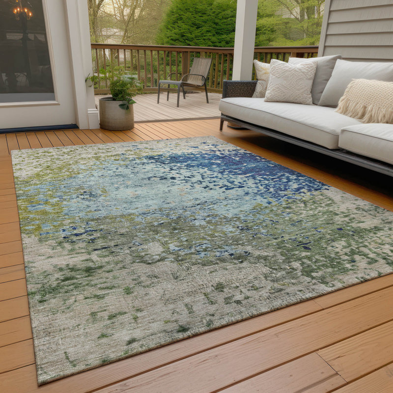 Tapis bleu intérieur / extérieur lavable à la machine Xhevrie, Rectangle 9 pi x 12 pi