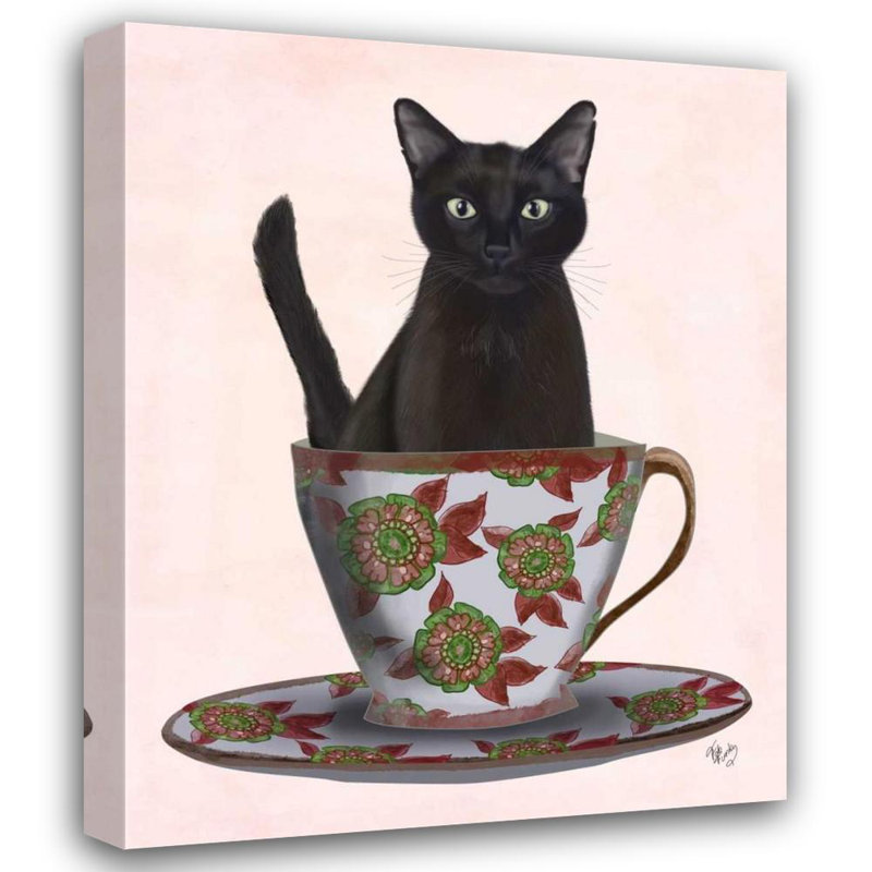 Art sur toile tendue avec trinité Fab "Trinx": Chat noir dans une tasse de thé, H 18 po x l 15 po