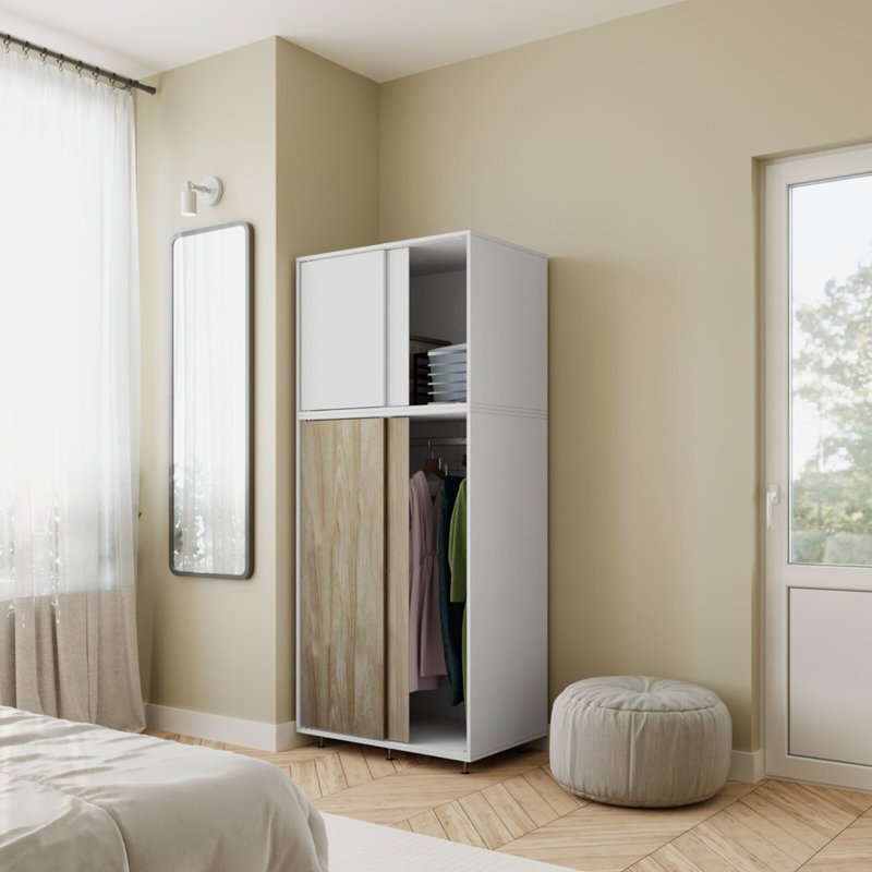 4 Door Solid Wood Wardrobe, White/Oak