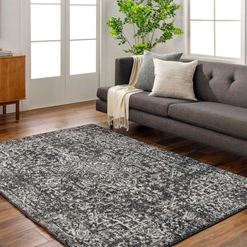 Black Traditional Rug, Bordered Floral Easy to Clean Rug For Living Room, Dining Room, Bedroom, Rectangle 120 x 170 cm