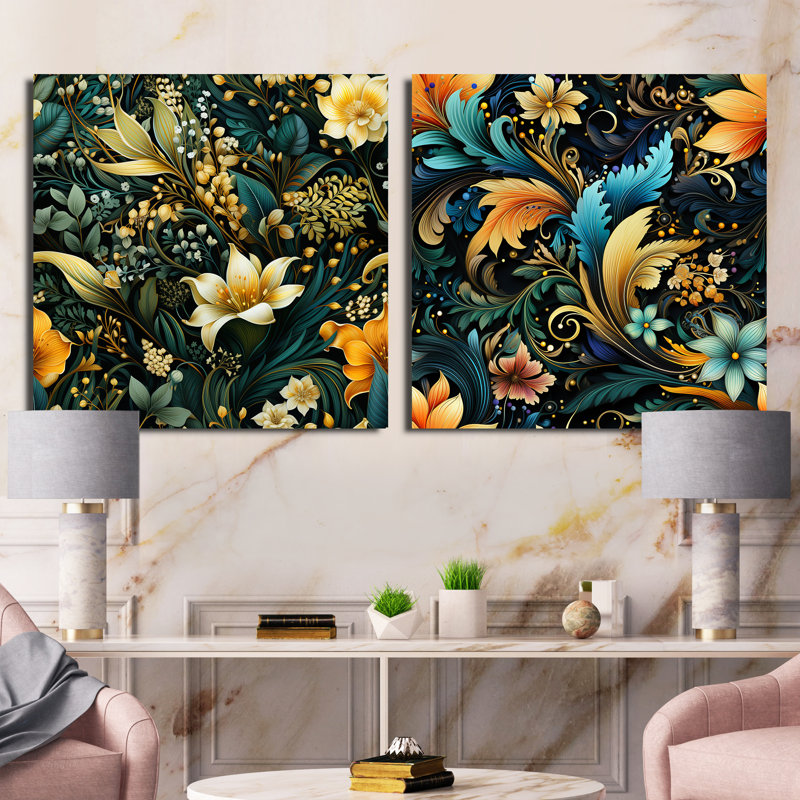 Contemporary Contemporary Paisley Botanic Motif - Ensemble de 2 collages carrés floral et botanique, Toile tendue