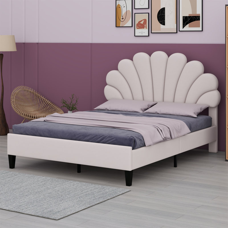 Lit plateforme Neppur avec tête de lit à motif floral, Beige, Grand