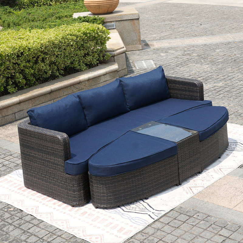 Chaise longue d'extérieur 5 pièces en osier avec coussins et table Toni, Mélange de bruns, Bleu