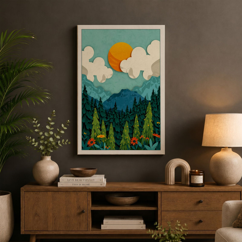 Mountains Under Morning Sun Scandinavian - Wrapped Canvas, 36x24 - 91.4 x 61.0 cm, Sage Border