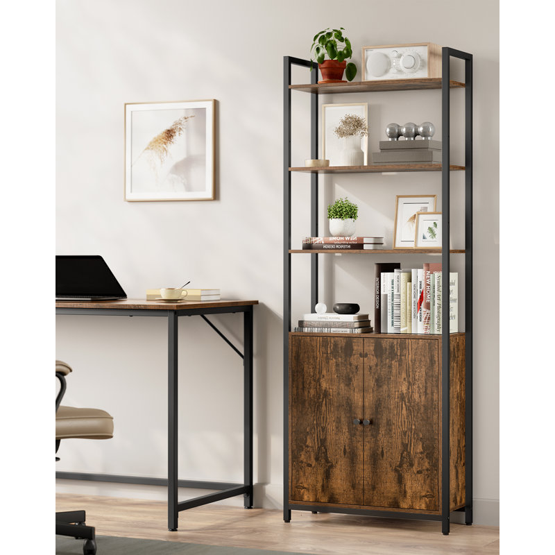 Adyaan 60cm W Steel Etagere Bookcase, Rustic Brown/Ink Black