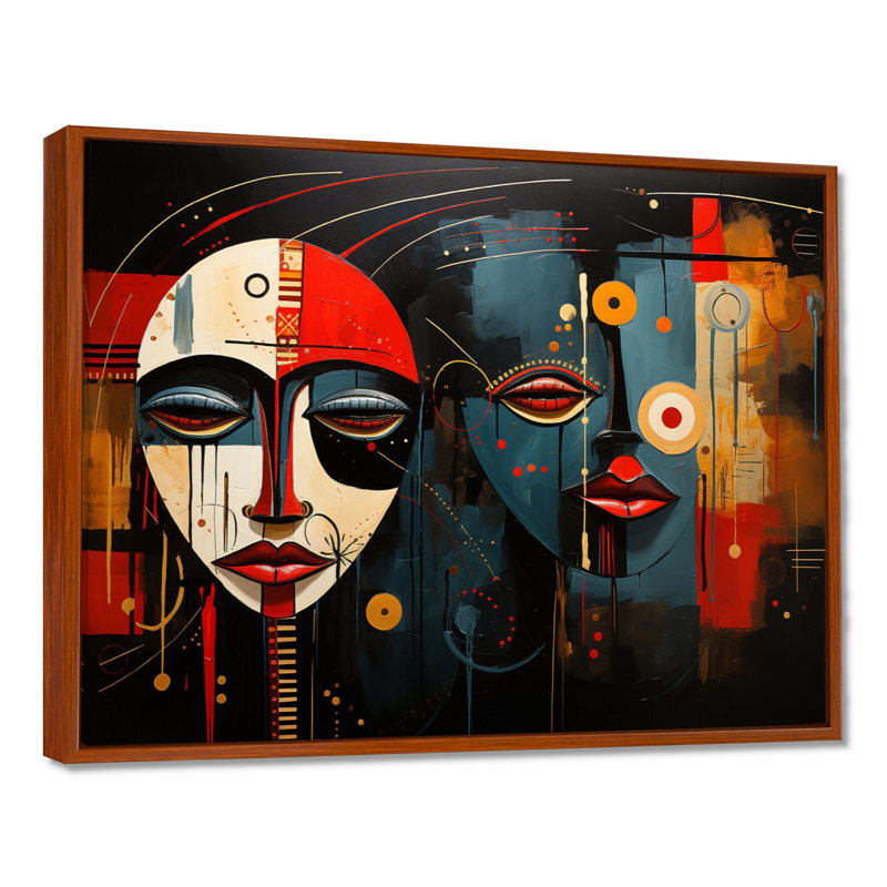 Portrait moderne déconstruit en rouge bleu noir II - Masque africain, art mural salon, Cadre flottant brun