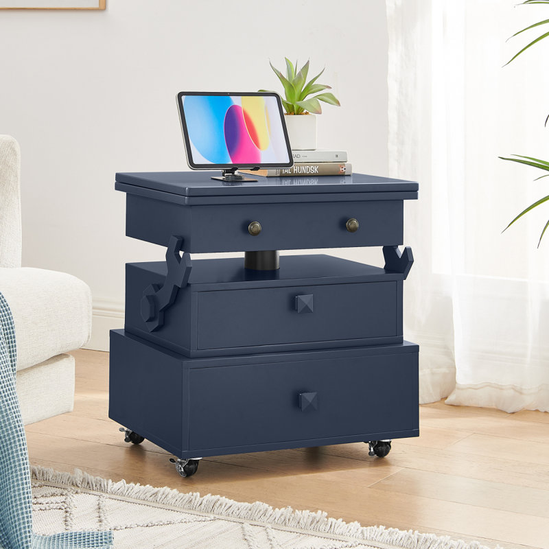 Table de bout roulante à hauteur ajustable laquée ultrabrillante avec station de charge et roues universelles avec freins, table à plateau relevable multifonctionnelle avec tiroirs de rangement pour la chambre à coucher du salon
