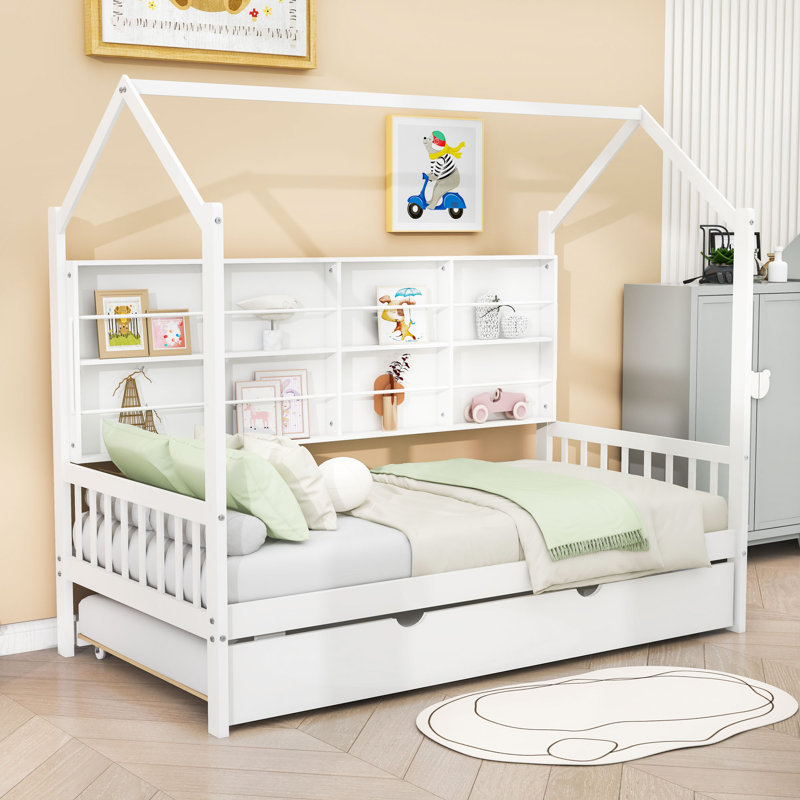 Lit plateforme avec couchette et tablette en bois Berni, Blanc, Simple