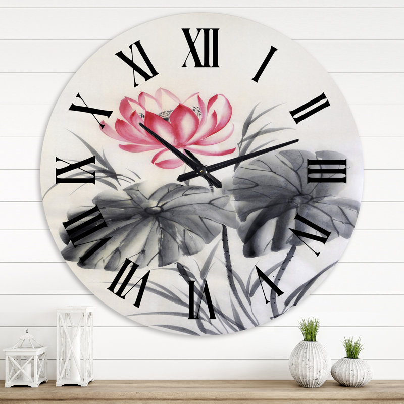 Fleur de lotus avec deux feuilles monochromes - Horloge murale traditionnelle, Surdimensionné