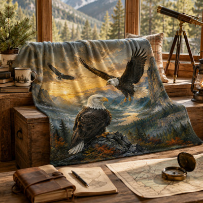 Couverture en flanelle à motif d'aigle à tête blanche et coucher de soleil sur une vallée montagneuse, idéale pour le canapé, le lit, le camping et les voyages (152 x 203 cm).