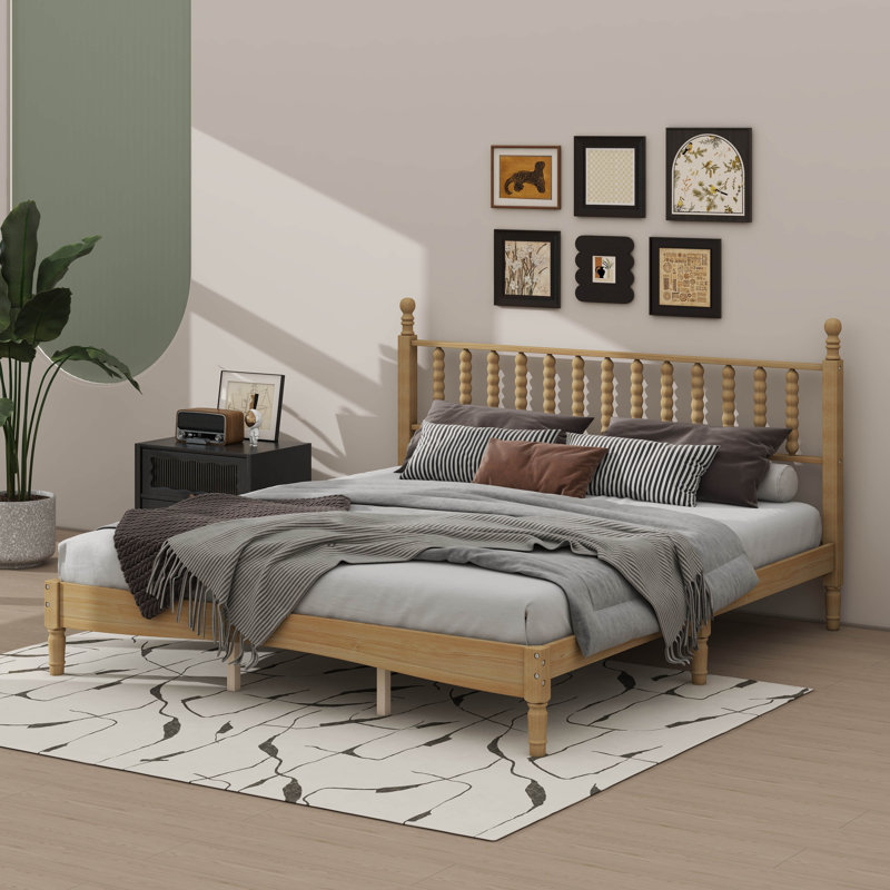 Structure de lit très grand classique en bois avec tête de lit en forme de gourde, lit plateforme rétro, Très grand lit