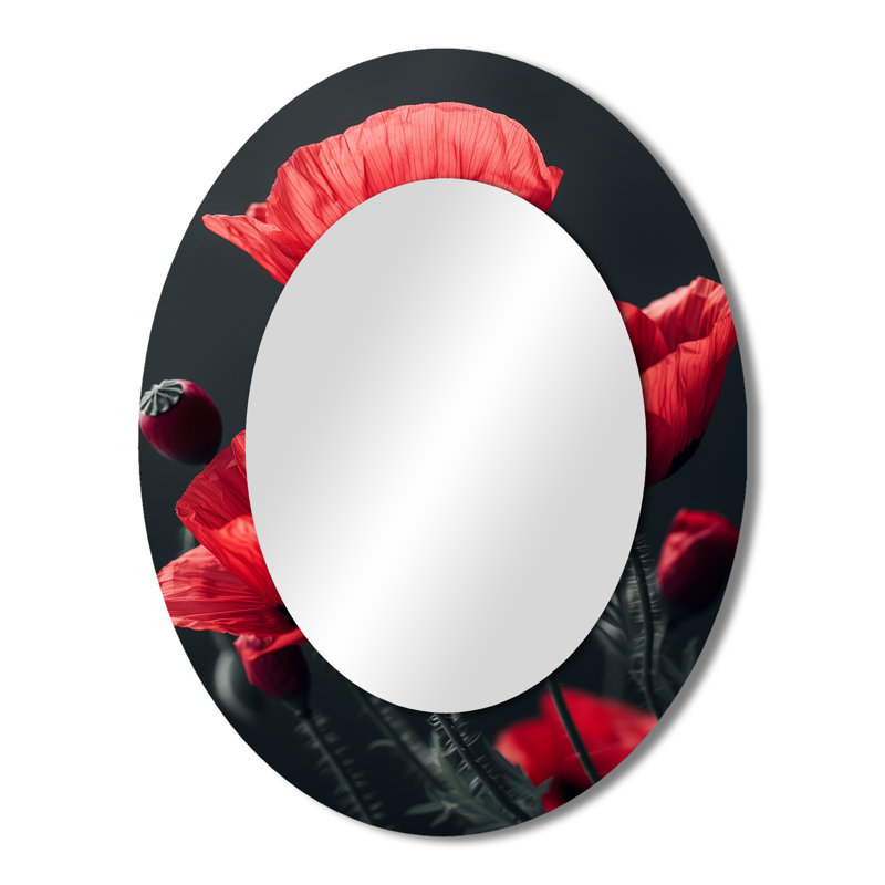 Coquelicots rouges et noirs - charme monochrome I - miroir mural ovale rouge, 43 po x 33 po
