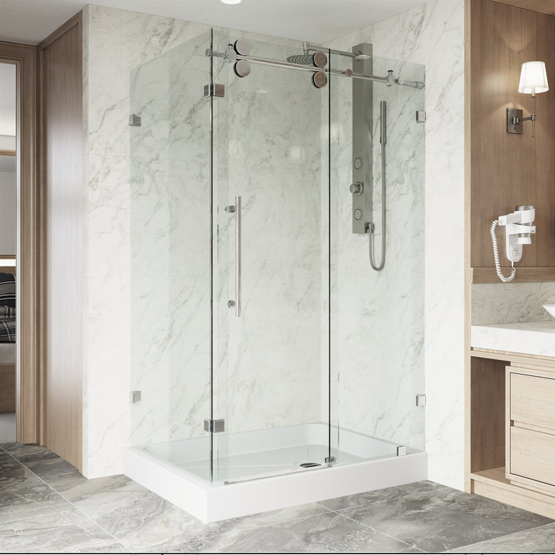Cabine de douche coulissante sans cadre avec verre transparent 3/8 et base Winslow l 48 po x P 36 po x H 80 po, Droite