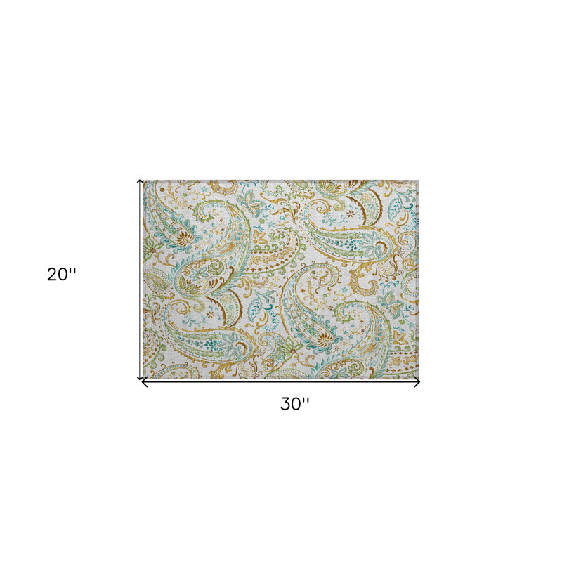 2' X 3' Ivory and Gold Paisley Washable Non Skid Indoor Outdoor Area Rug