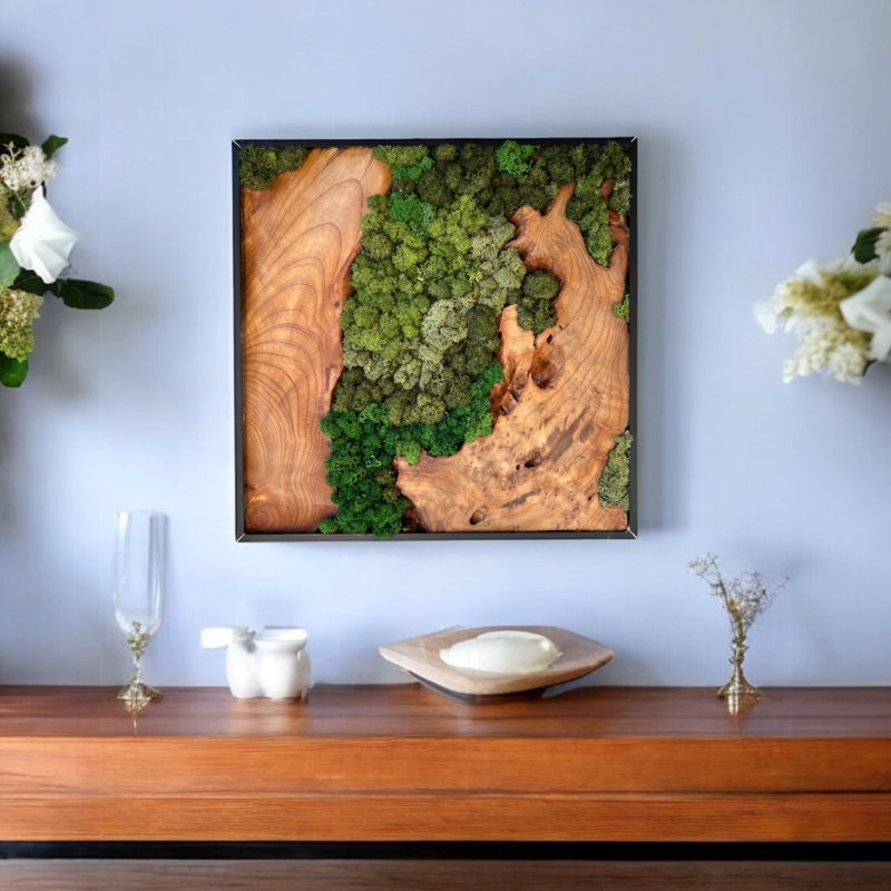 Natural Cedar Wood & Preserved Moss Wall Art - Handcrafted Square Décor, 16" H X 16" W X 1" D